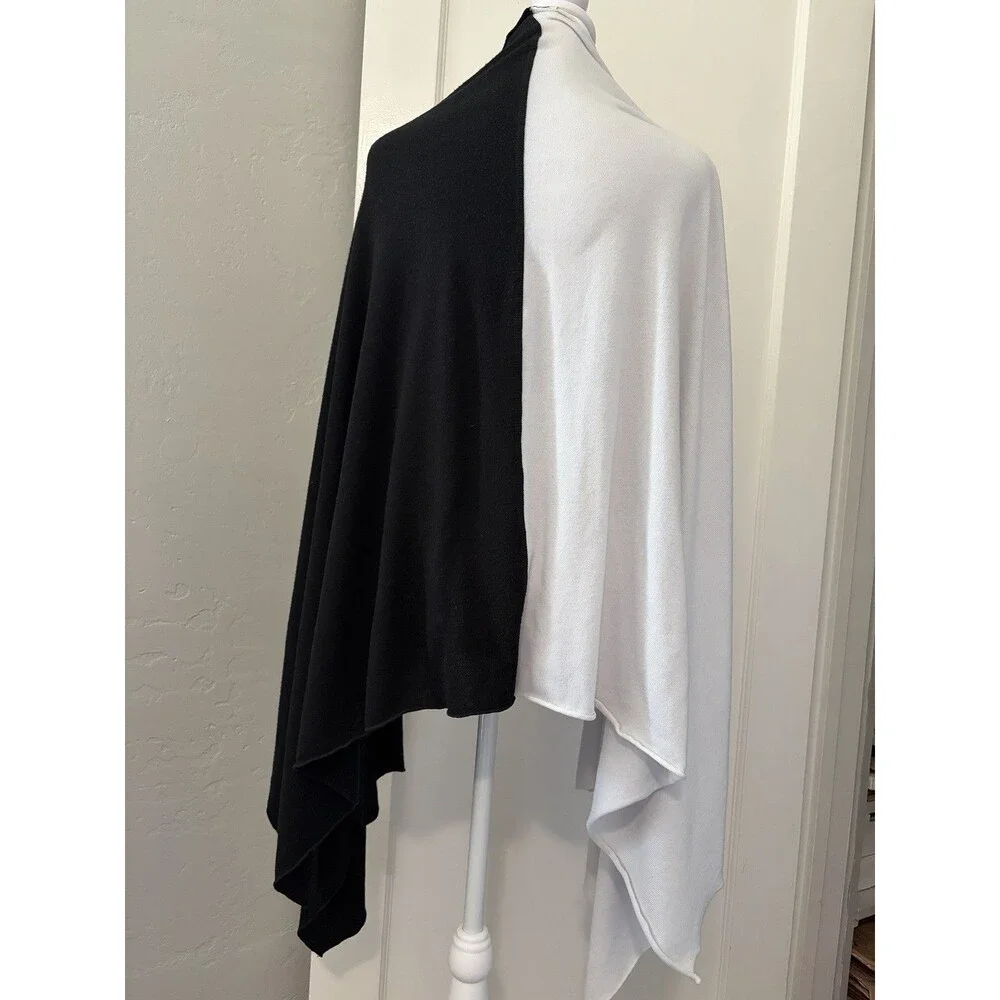 Black White Colorblock Poncho Cape Shawl Wrap Viscose Blend Travel Airplane OS